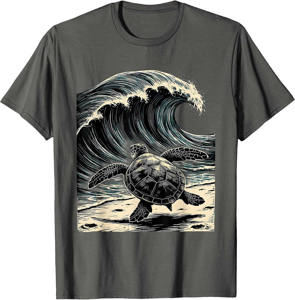 Baby Turtle Racing to the Ocean Waves T-Shirt - Asphalt Grey