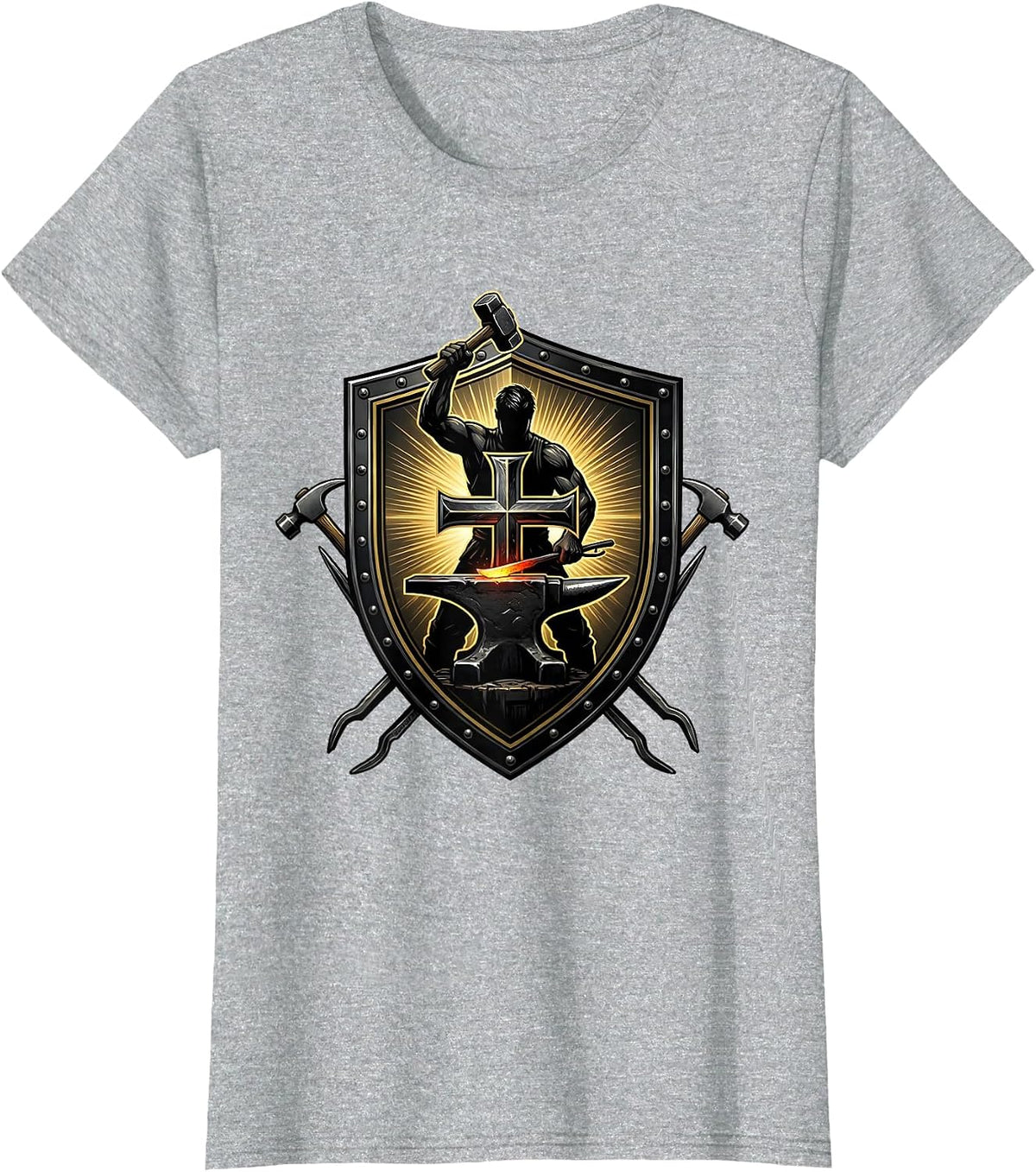 Blacksmith Iron Cross Anvil Christian Graphic T-Shirt - Heather Grey
