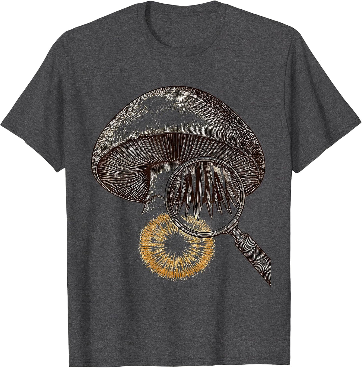 Men's Oversized Hedgehog Mushroom Crosshatch Etching Mycology T-Shirt - Dark Heather Grey