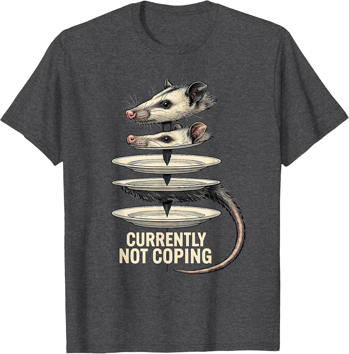 Men's Currently Not Coping Exploded View Opossum Meme Humor T-Shirt - Dark Heather Grey