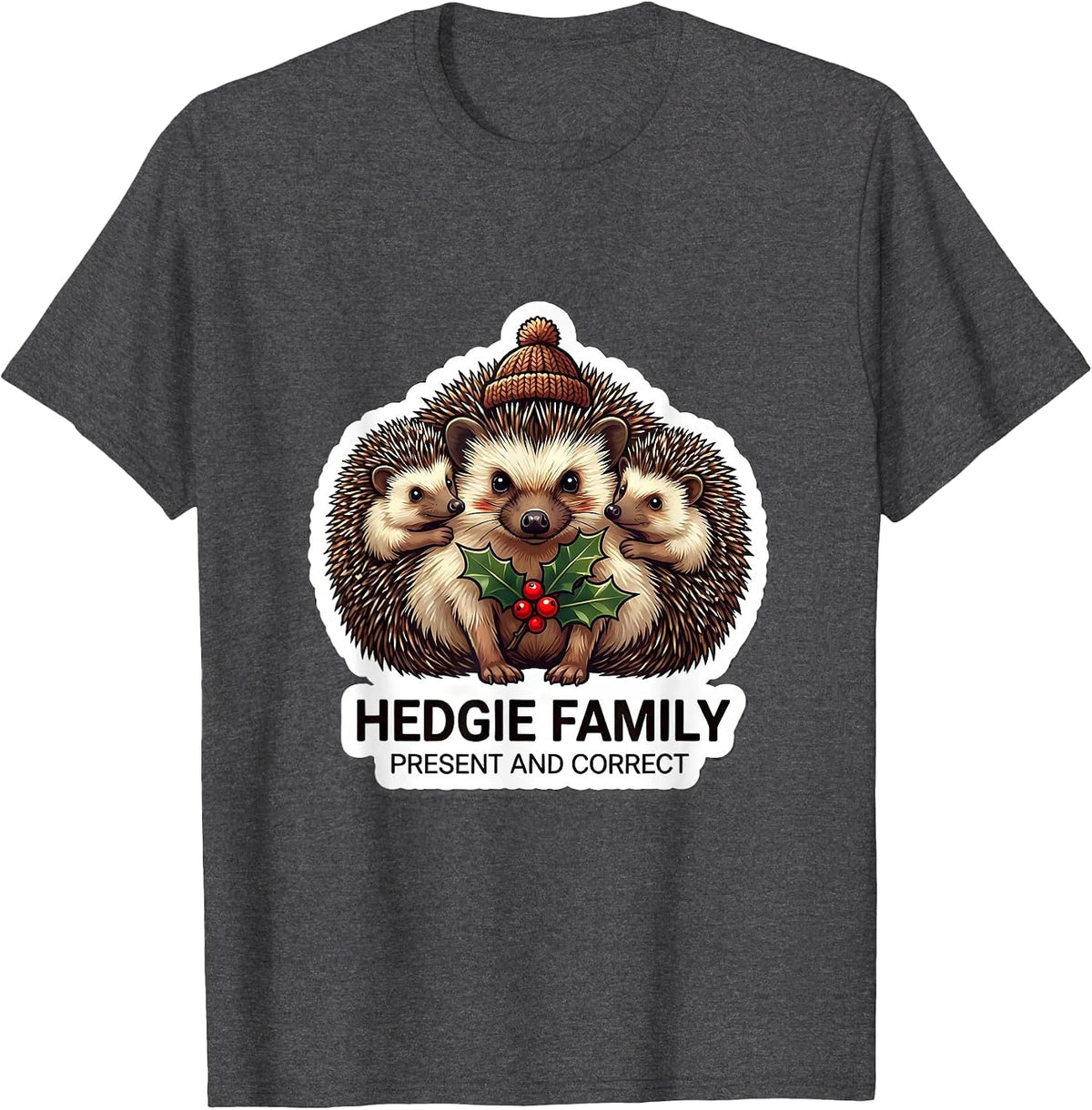 Hedgie Family Present and Correct Cute Hedgehog Christmas T-Shirt - Dark Heather Grey
