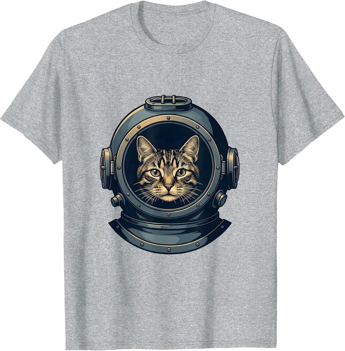 Men's Tabby Cat Deep Sea Diver Illustration T-Shirt - Heather Grey