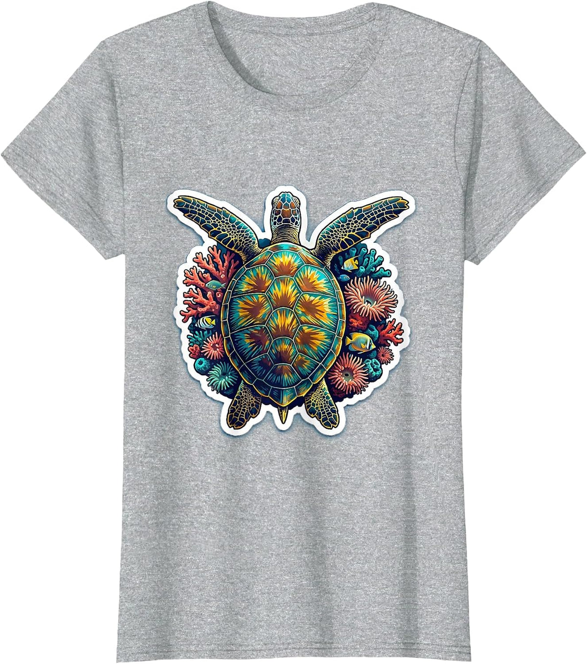 Women's Hawaiian Sea Turtle Coral Reef Graphic Design T-Shirt - Heather Grey
