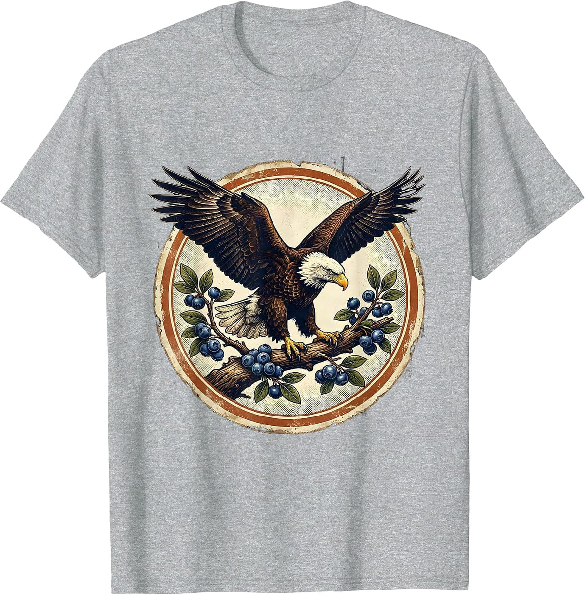 Men's Eagle and Blueberry Branch Patriotic Illustration T-Shirt - Heather Grey