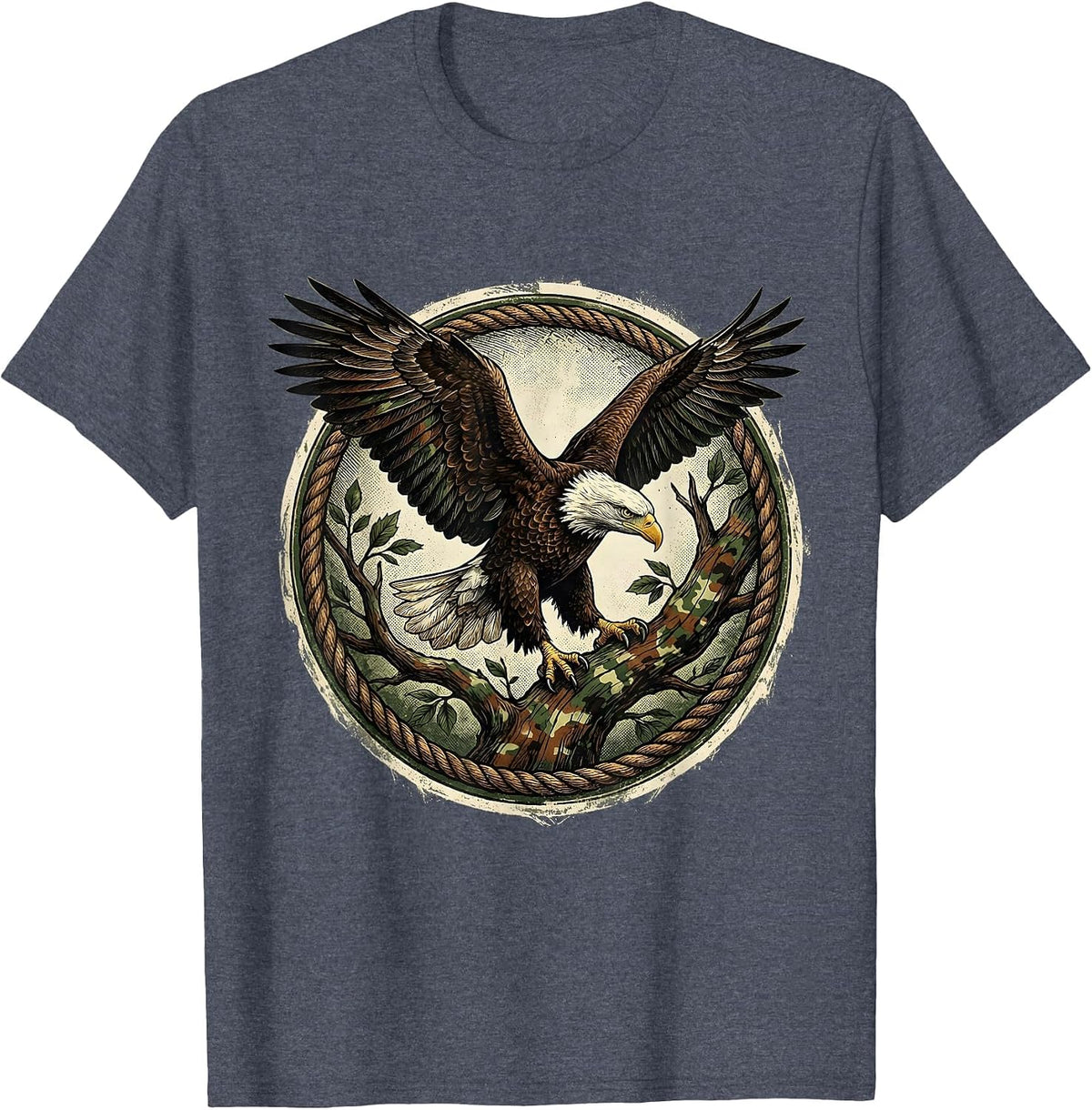 Eagle Landing on Camo Branch Wildlife Design T-Shirt - Heather Blue