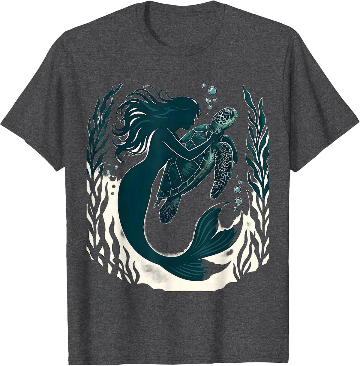Men's Mermaid and Sea Turtle Underwater Embrace T-Shirt - Dark Heather Grey