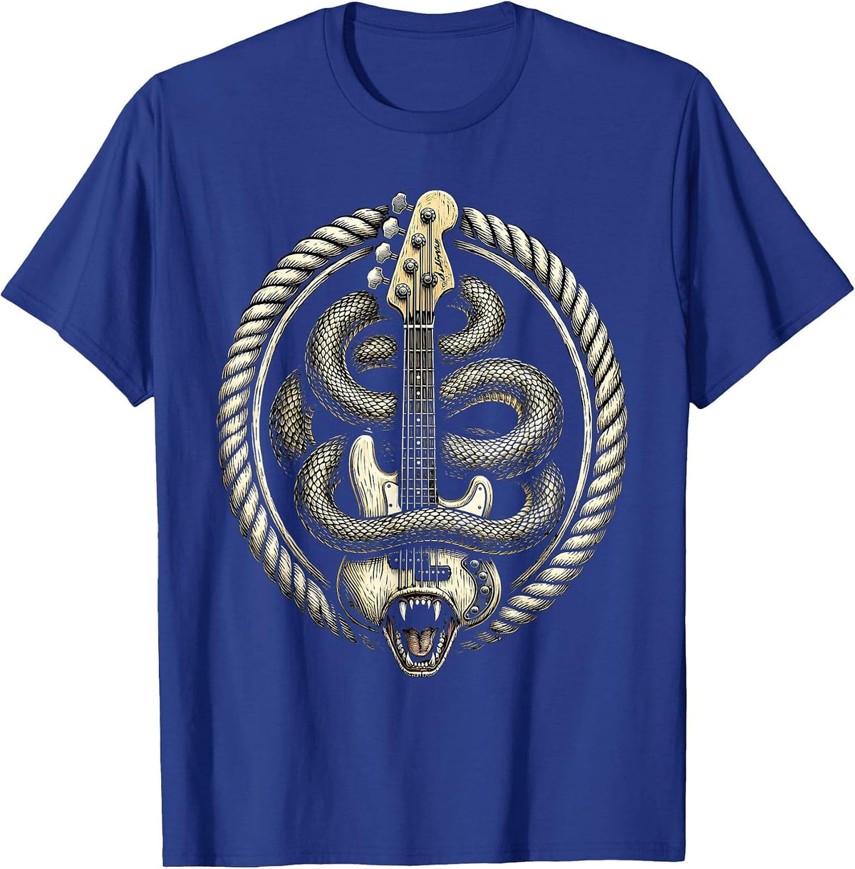 Bass Guitar Serpent Morph Rock Band Graphic T-Shirt - Royal Blue