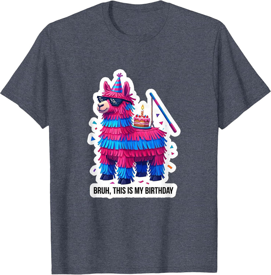 Bruh This Is My Birthday Funny Llama Piñata Gamer Party T-Shirt - Heather Blue