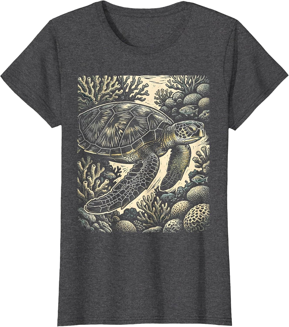Women's Sea Turtle Coral Reef Ocean Illustration T-Shirt - Dark Heather Grey