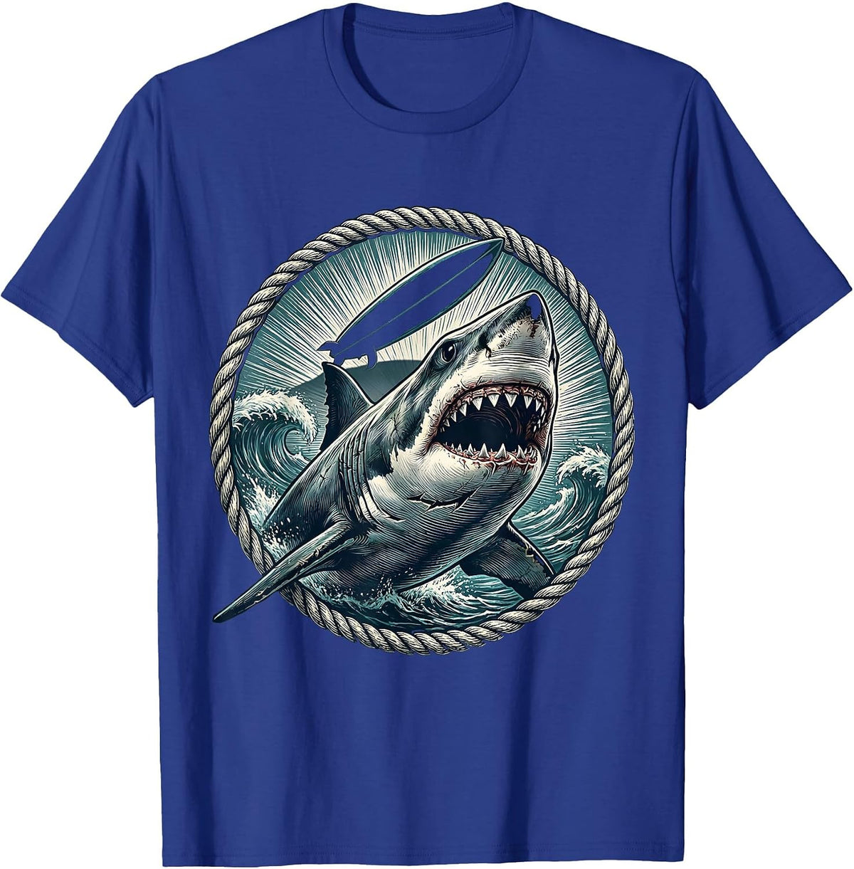 Great White Shark Surfboard Hawaiian Design T-Shirt - Royal Blue
