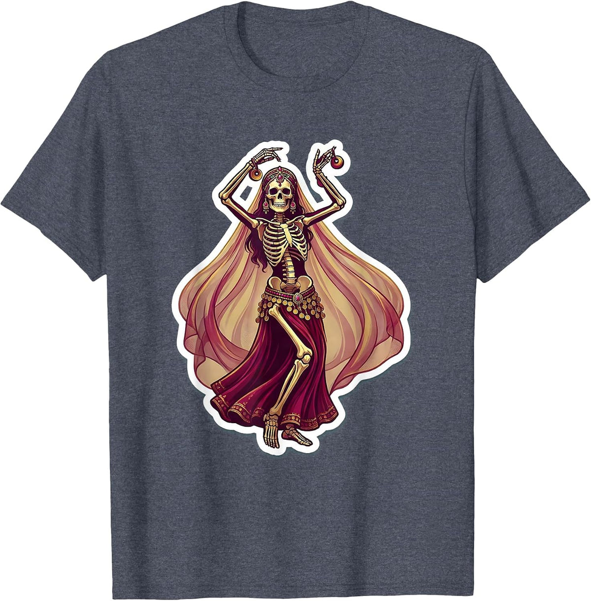 Skeleton Belly Dancer Coin Belt and Veil Illustration T-Shirt - Heather Blue