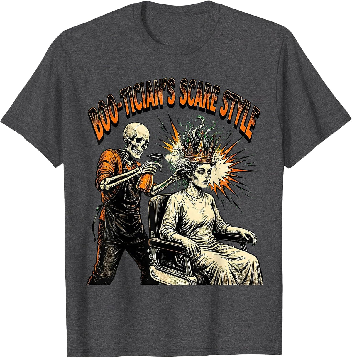 Boo-tician's Scare Style Comic Book Skeleton Hairdresser T-Shirt - Dark Heather Grey