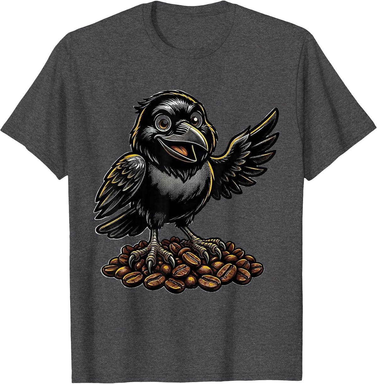Men's Raven Clutching Coffee Beans Illustration T-Shirt - Dark Heather Grey