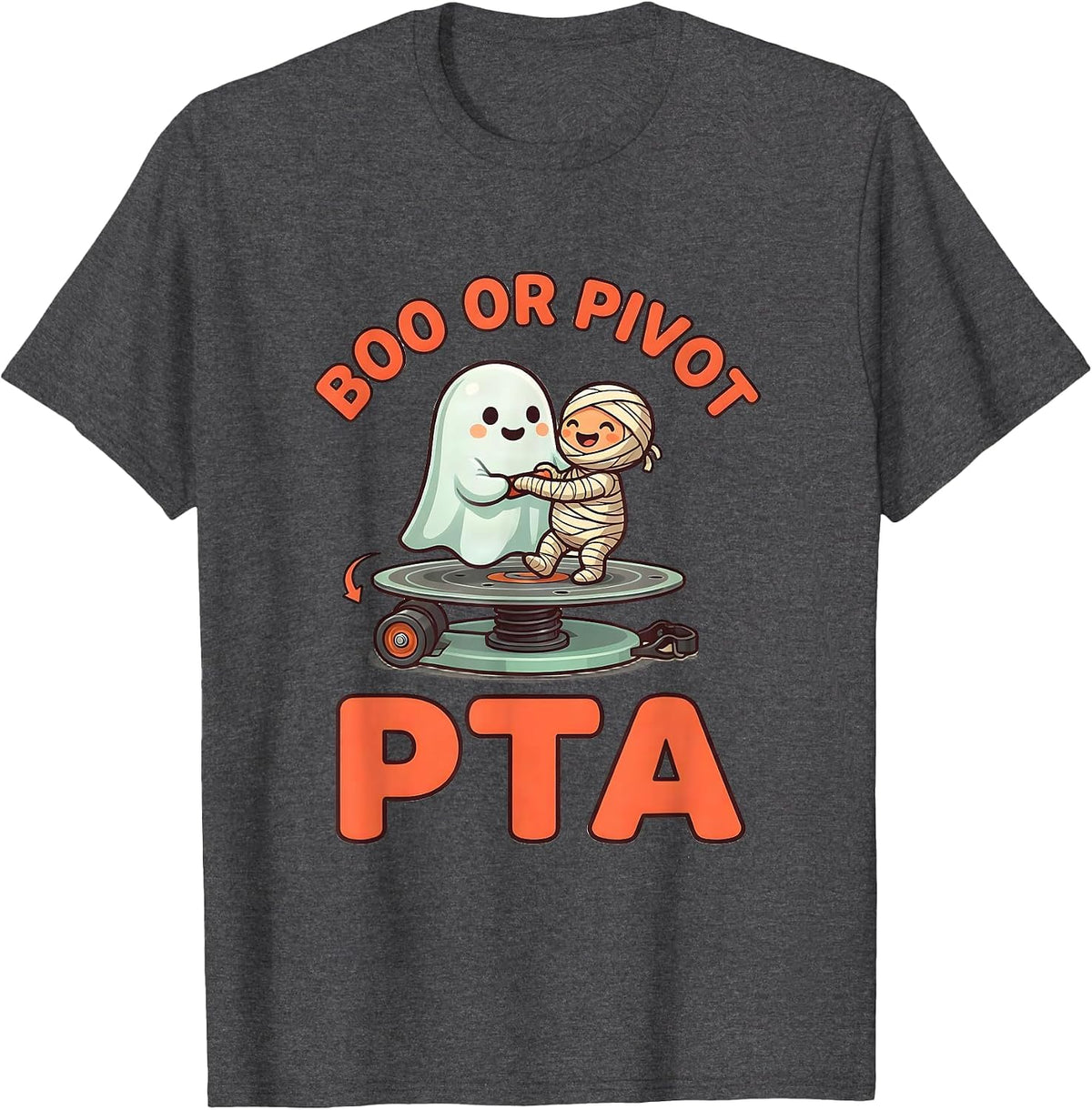 Men's Boo Or Pivot PTA Cute Kawaii Halloween Rehab Therapy Team T-Shirt - Dark Heather Grey