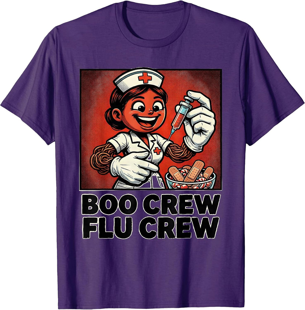 Men's Boo Crew Flu Crew Retro Cartoon Nurse Vaccine Humor T-Shirt - Purple