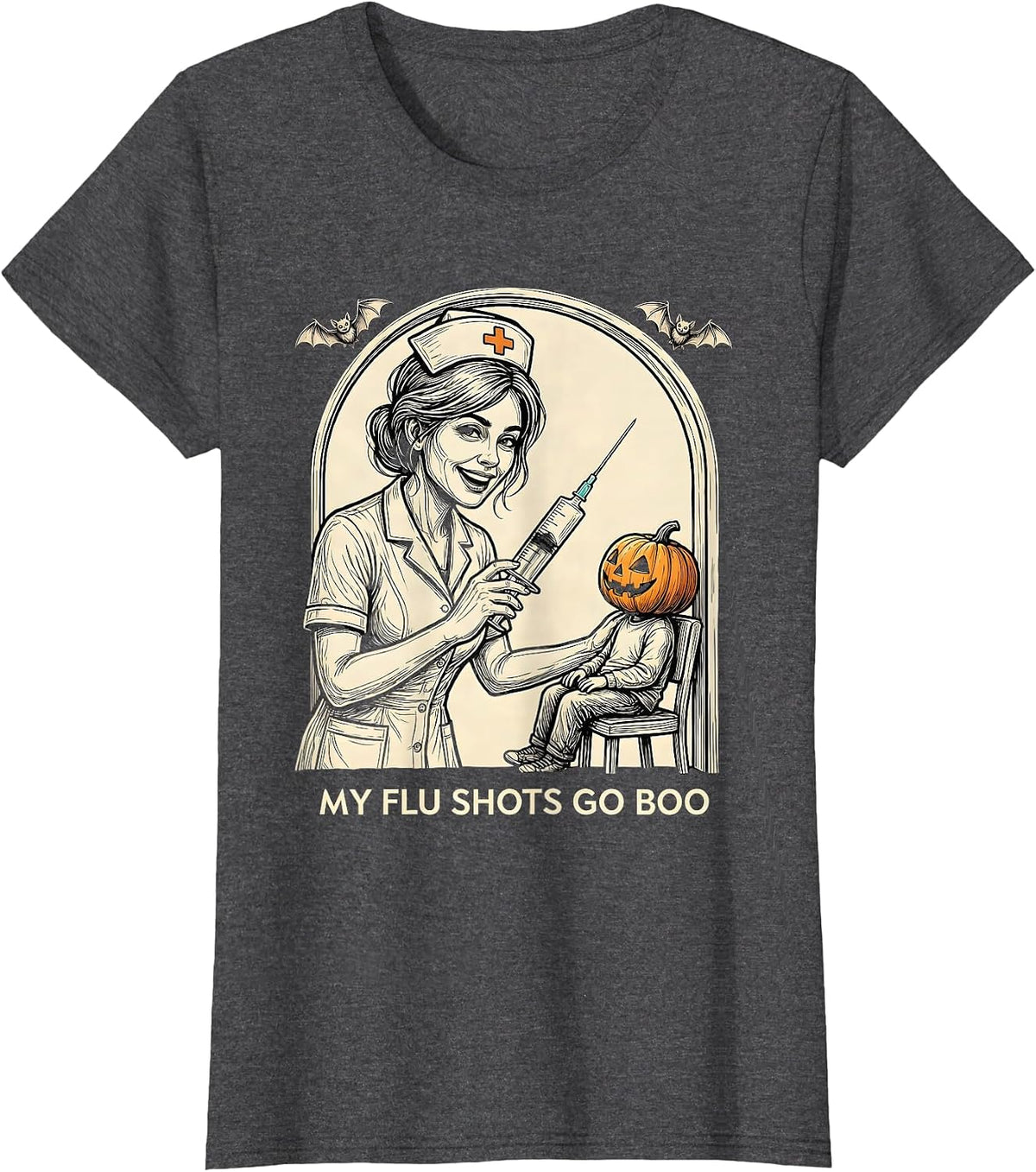 Women's My Flu Shots Go Boo Funny Nurse Ghost Halloween Vaccine T-Shirt - Dark Heather Grey