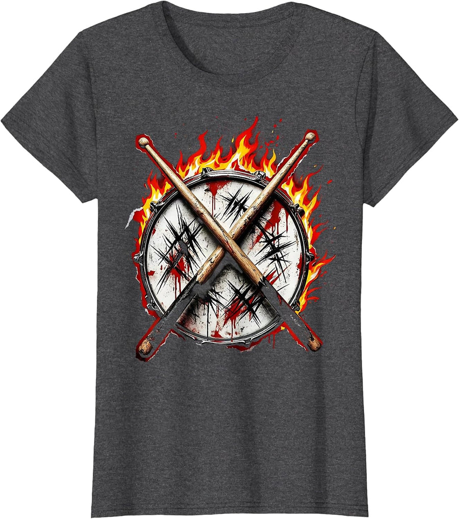 Women's 80s Rock Drummer Flaming Snare Drumsticks Graphic T-Shirt - Dark Heather Grey