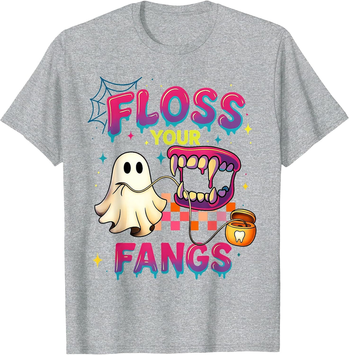 Floss Your Fangs Spooky Dentist Funny Boo Dental Halloween T-Shirt - Heather Grey