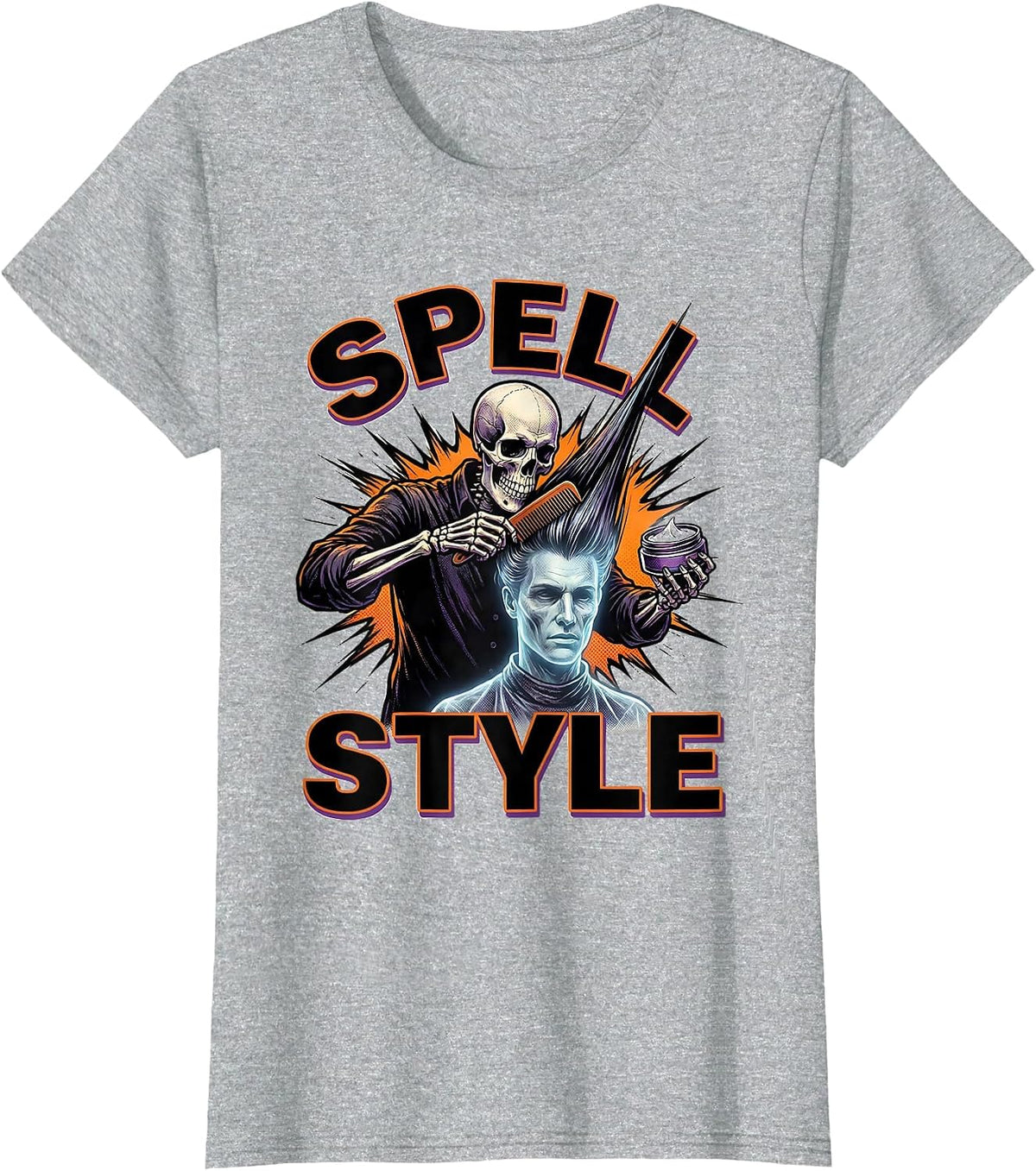 Spell Style Comic Book Skeleton Hairstylist Halloween Humor T-Shirt - Heather Grey