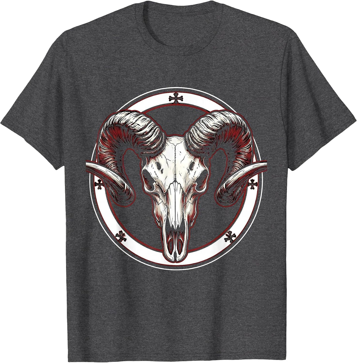 Ram Skull Curved Horns Metal Graphic Design T-Shirt - Dark Heather Grey