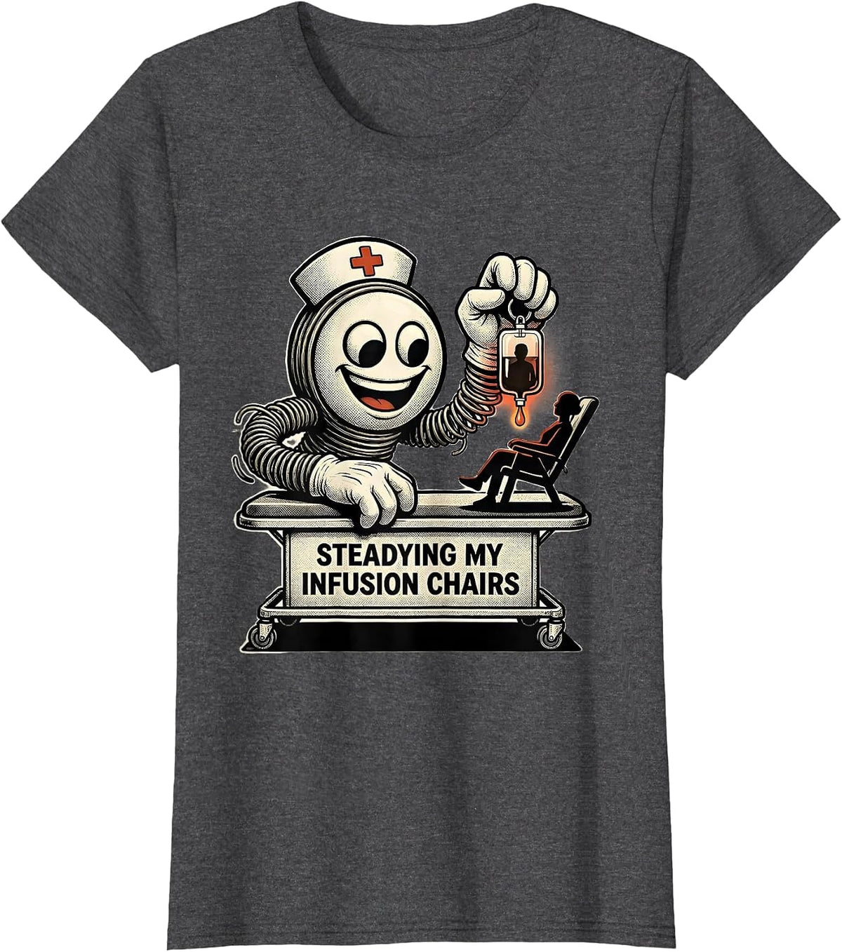 Women's Steadying My Infusion Chairs Retro Cartoon Nurse T-Shirt - Dark Heather Grey