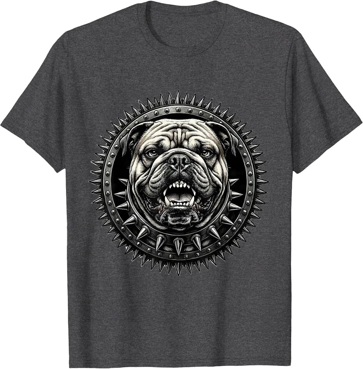Punk Rock Snarling Bulldog Spiked Collar Graphic T-Shirt - Dark Heather Grey