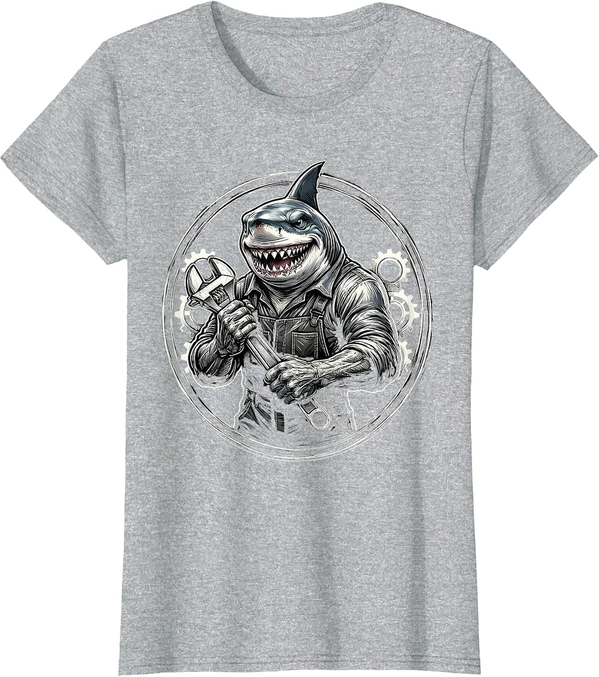 Mechanic Shark Holding Wrench Funny Ocean Art T-Shirt - Heather Grey
