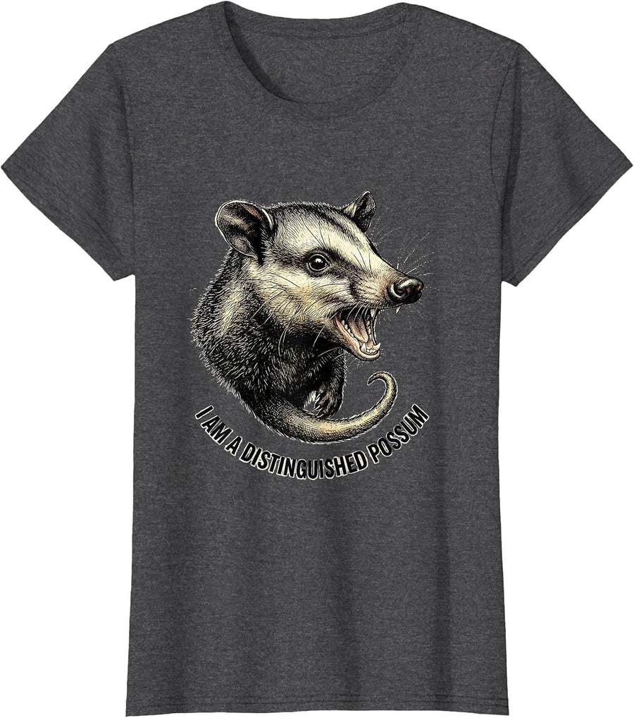 Women's I Am A Distinguished Possum Funny Opossum Meme Animal Lover T-Shirt - Dark Heather Grey