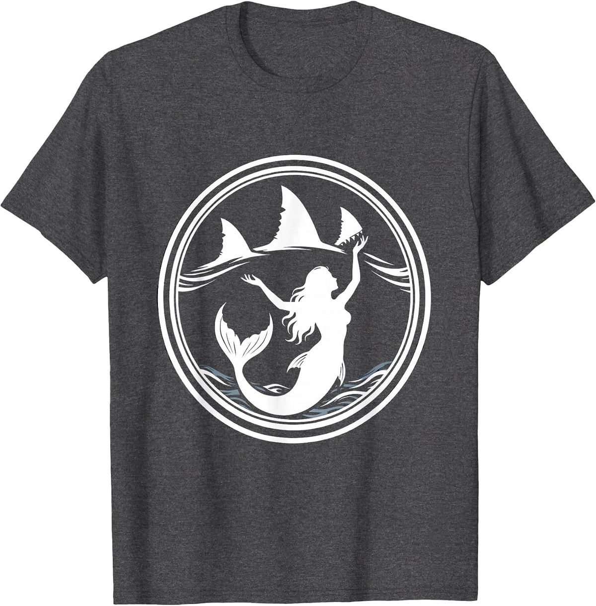 Mermaid with Circling Shark Fins Illustration T-Shirt - Dark Heather Grey
