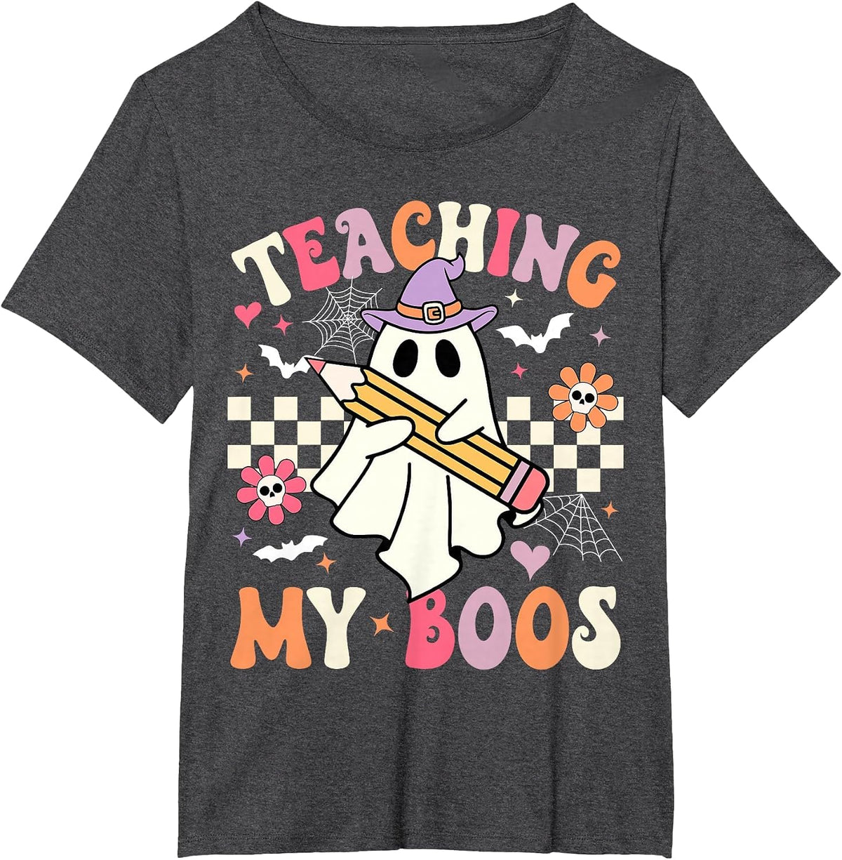 Teaching My Boos Teacher Cute Ghost Groovy Teacher Halloween T-Shirt - Dark Heather Grey