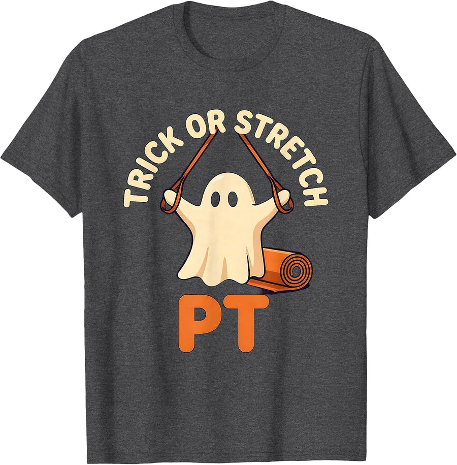 Men's Trick Or Stretch PT Funny Physical Therapy Halloween Ghost T-Shirt - Dark Heather Grey
