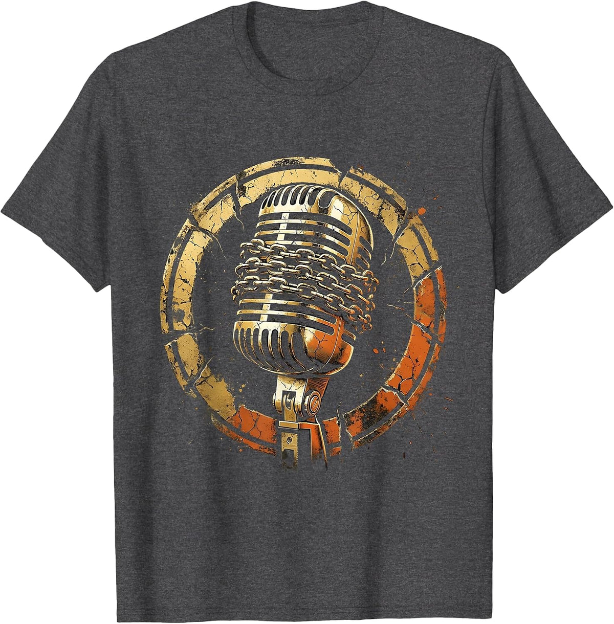 Gold Chain Microphone Hip Hop Graphic Tee T-Shirt - Dark Heather Grey