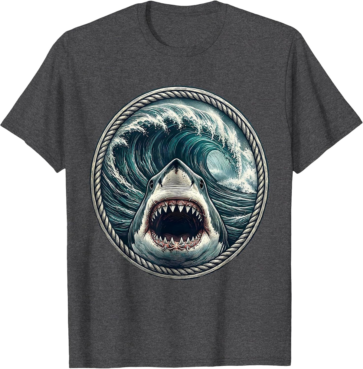 Men's Great White Shark Crashing Wave Hawaiian Graphic T-Shirt - Dark Heather Grey