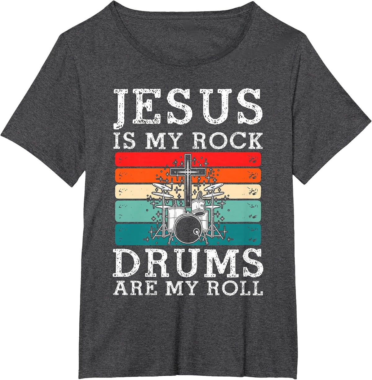 Jesus is My Rock Drums are My Roll Christian Drummer T-Shirt - Dark Heather Grey