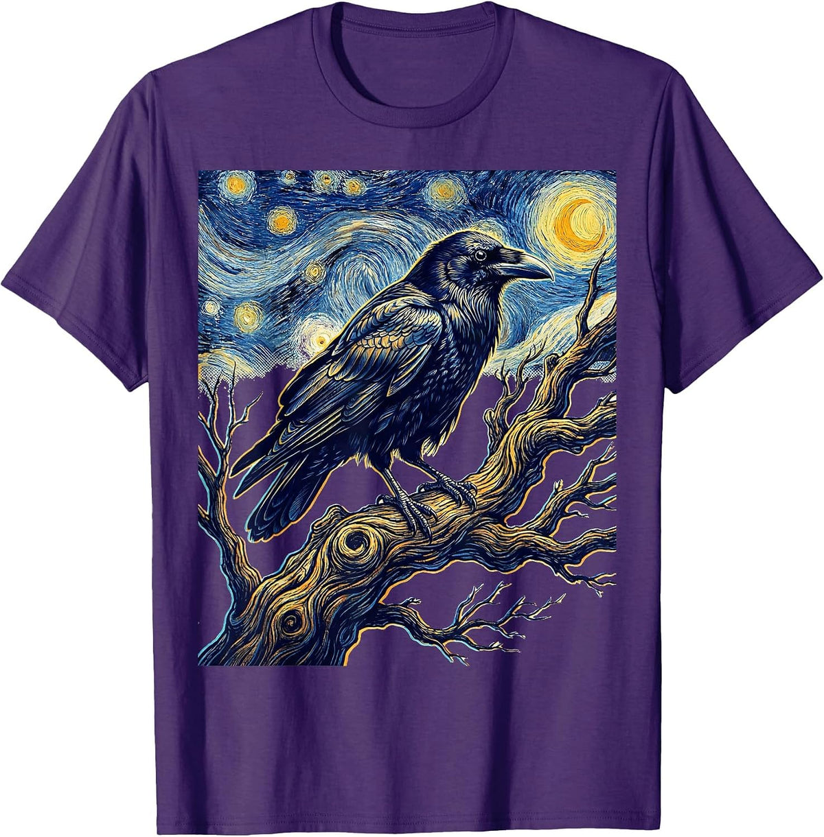 Van Gogh Raven on Winter Branch Graphic T-Shirt - Purple