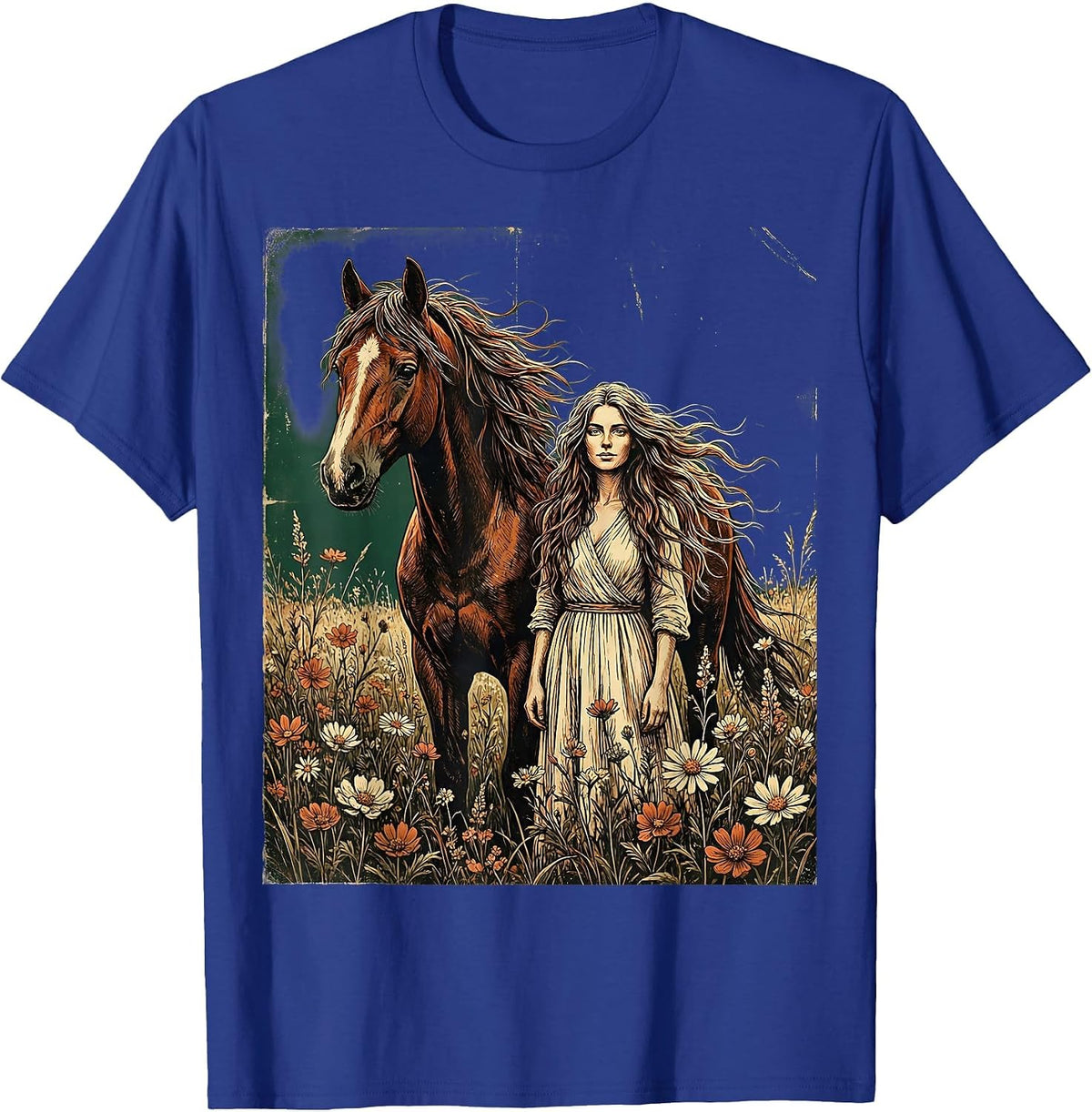Woman and Horse Wildflower Field Illustration T-Shirt - Royal Blue