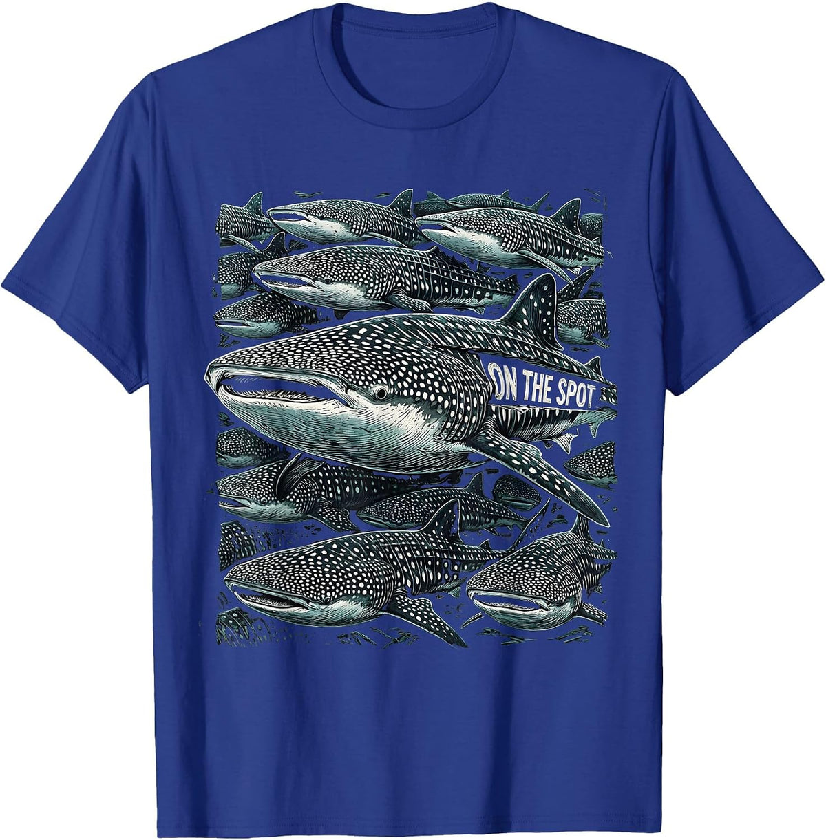 Men's On The Spot Whale Shark Woodcut Engraving Ocean Wildlife T-Shirt - Royal Blue