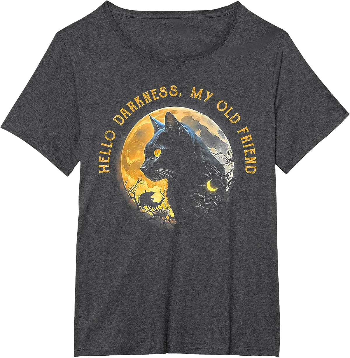 Hello Darkness My Old Friend Funny Cat Moon T-Shirt - Dark Heather Grey