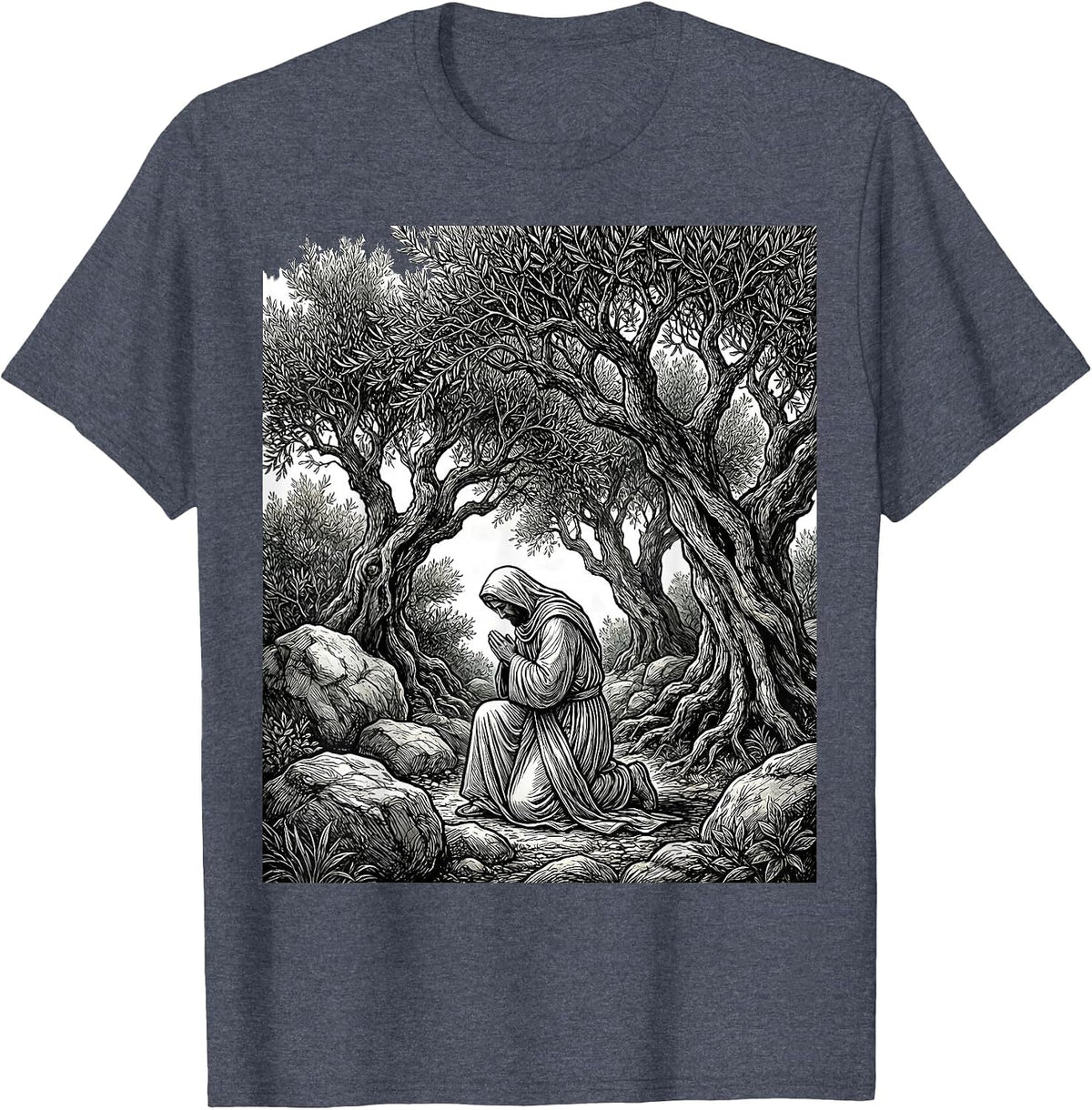 Jesus Kneeling in Gethsemane Garden Illustration T-Shirt - Heather Blue