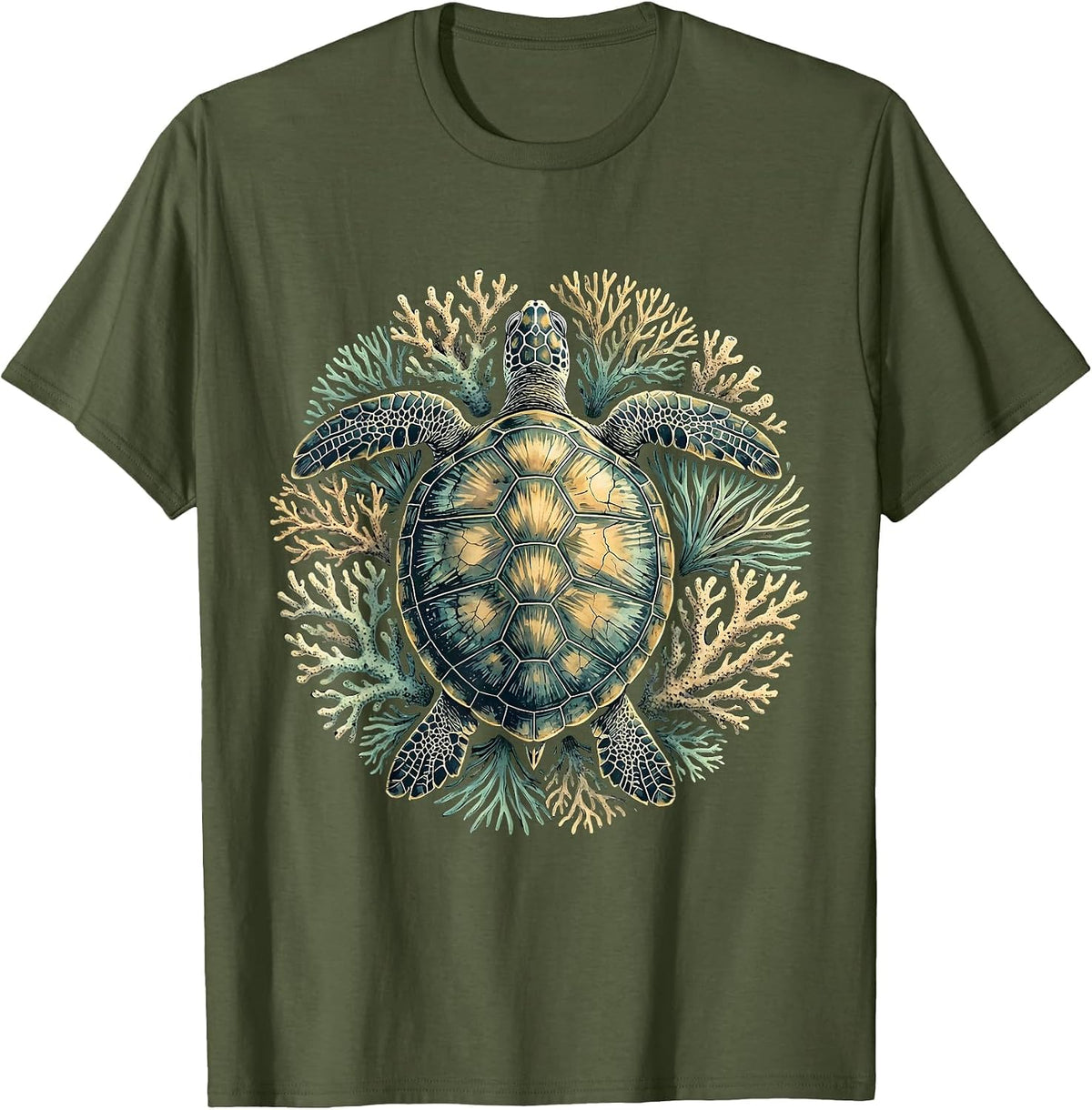 Puerto Rico Sea Turtle Coral Reef Illustration T-Shirt - Olive Green