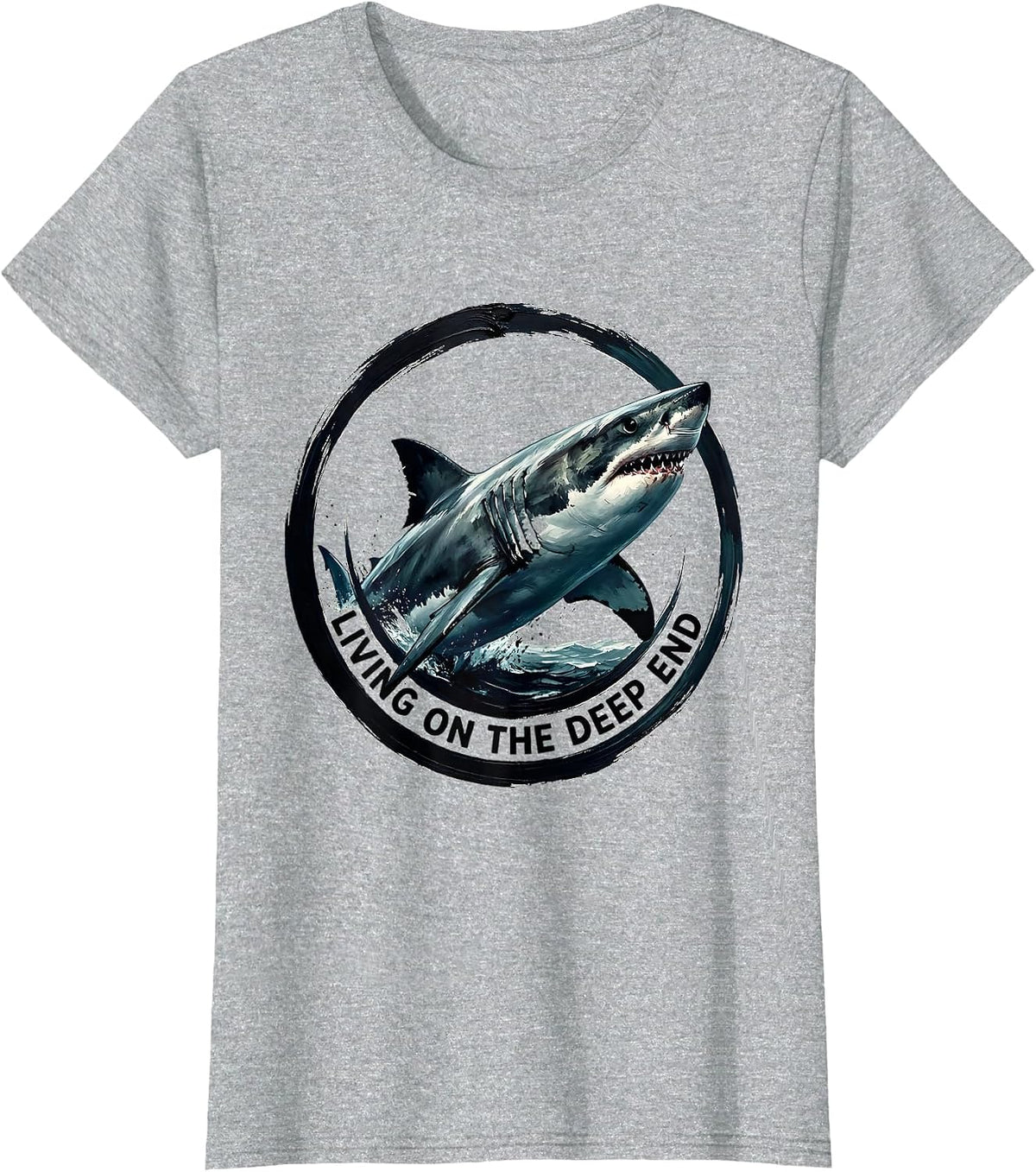 Living On The Deep End Shark Design T-Shirt - Heather Grey