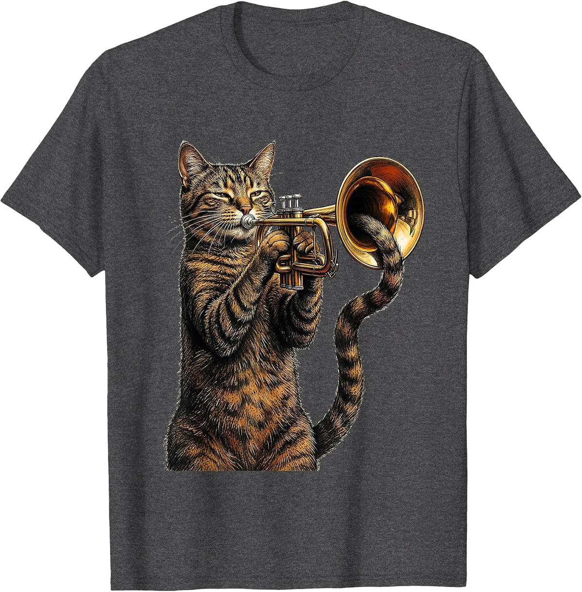 Men's Trumpet Cat Jazz Musician Funny Rock And Roll T-Shirt - Dark Heather Grey