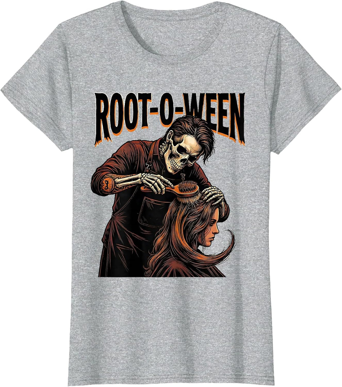 Women's Root-o-Ween Tattoo Skeleton Hairstylist Barber Halloween T-Shirt - Heather Grey
