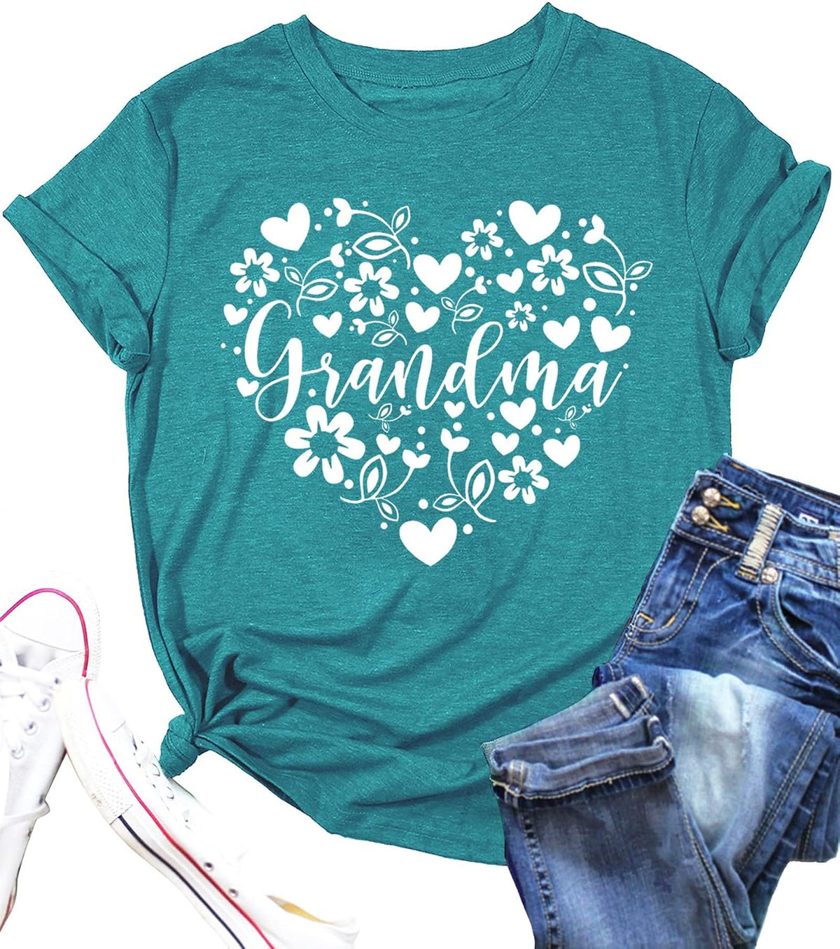 Grandma Tshirts Women Grandmother Life Tee Heart Floral Print Shirts Mama Casual Mother Short Sleeve Top - Cyan
