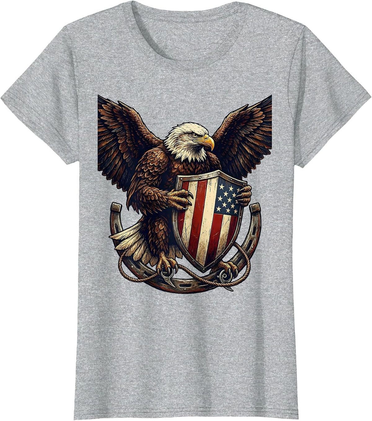 Women's Bold Eagle Clutching Striped Shield Patriotic Design T-Shirt - Heather Grey