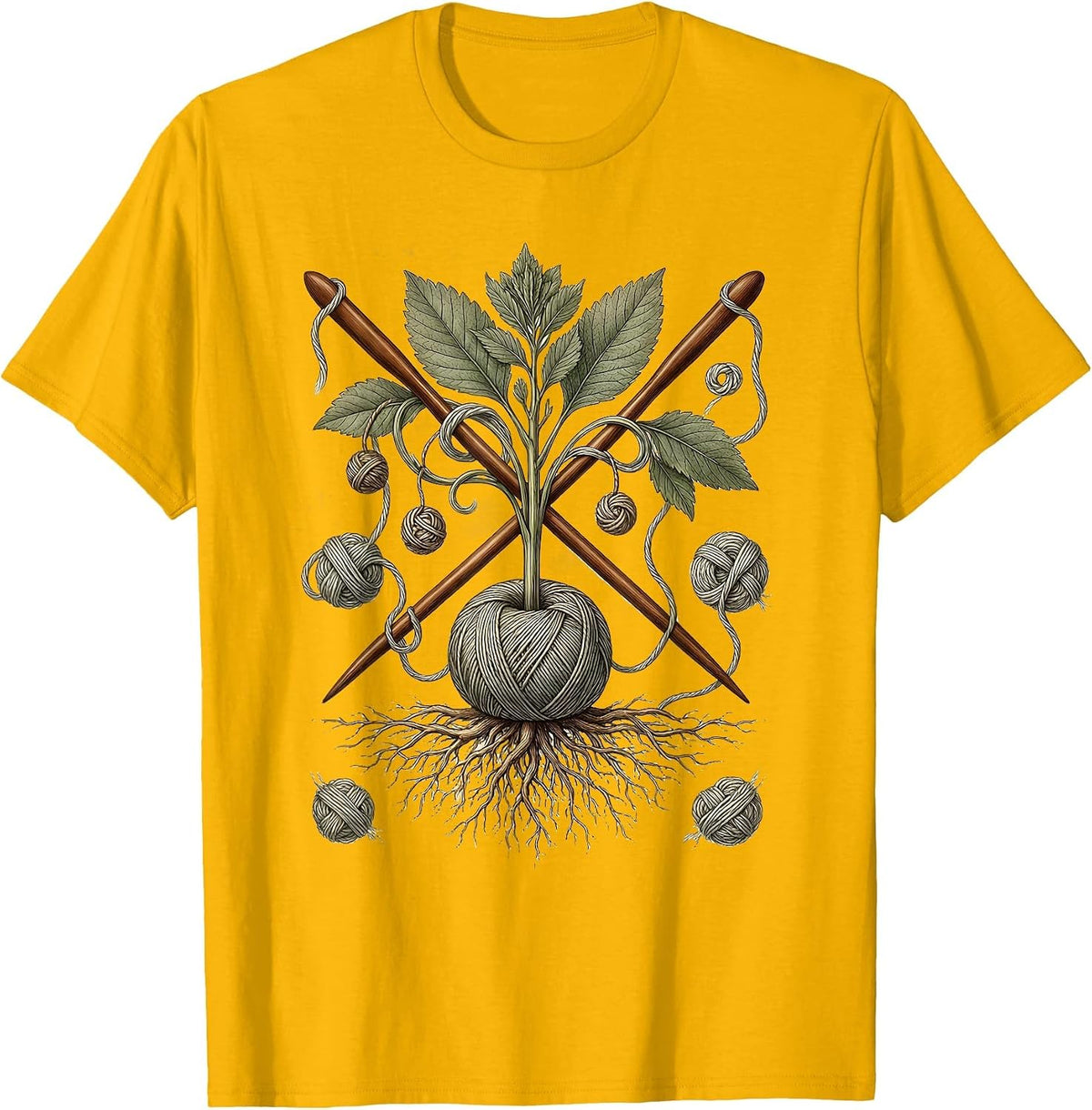 Men's Grandma Knitting Tangled Yarn Illustration T-Shirt - Golden Yellow