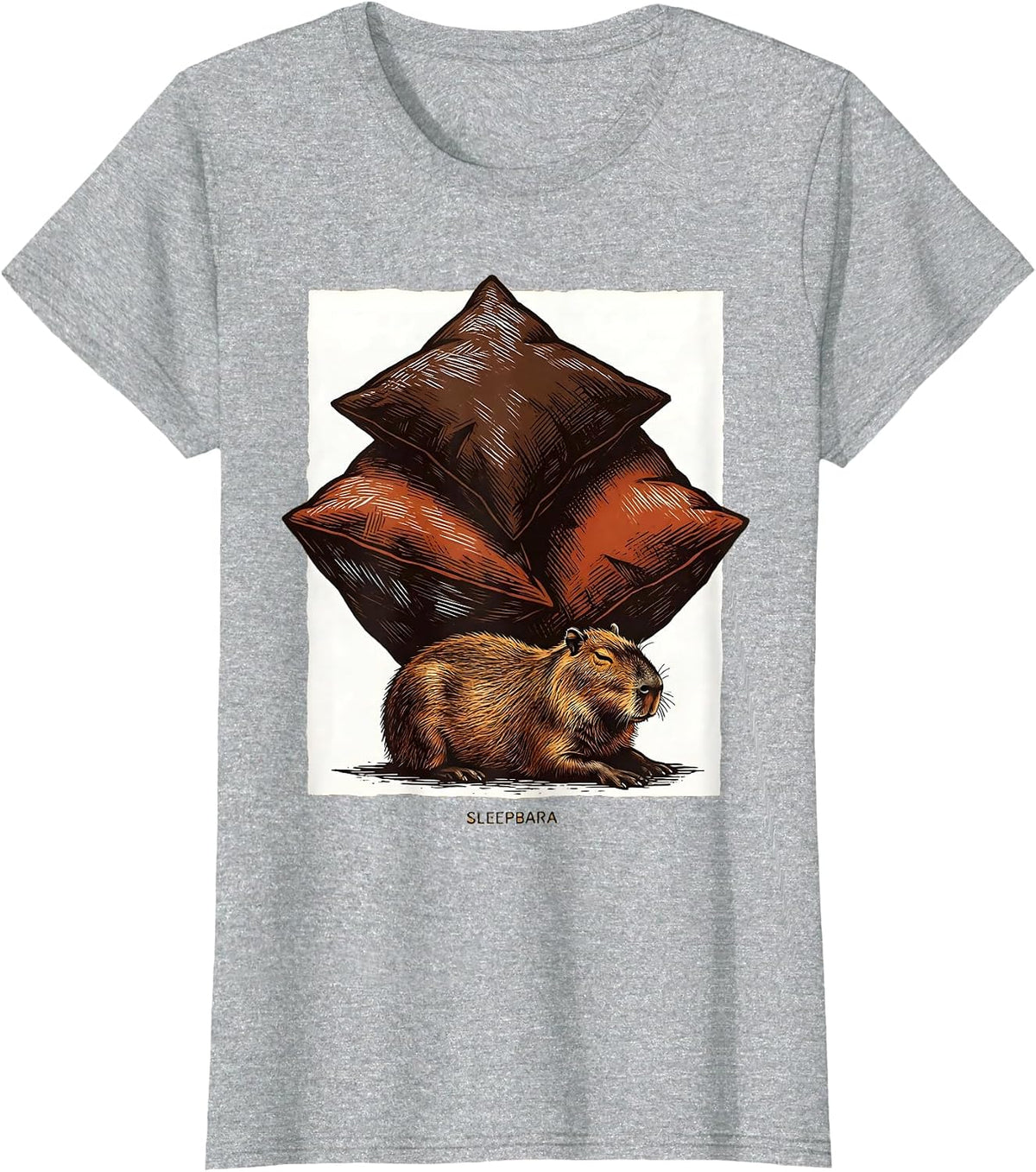 Women's Sleepbara Cute Capybara Sleep Lover Linocut Novelty T-Shirt - Heather Grey