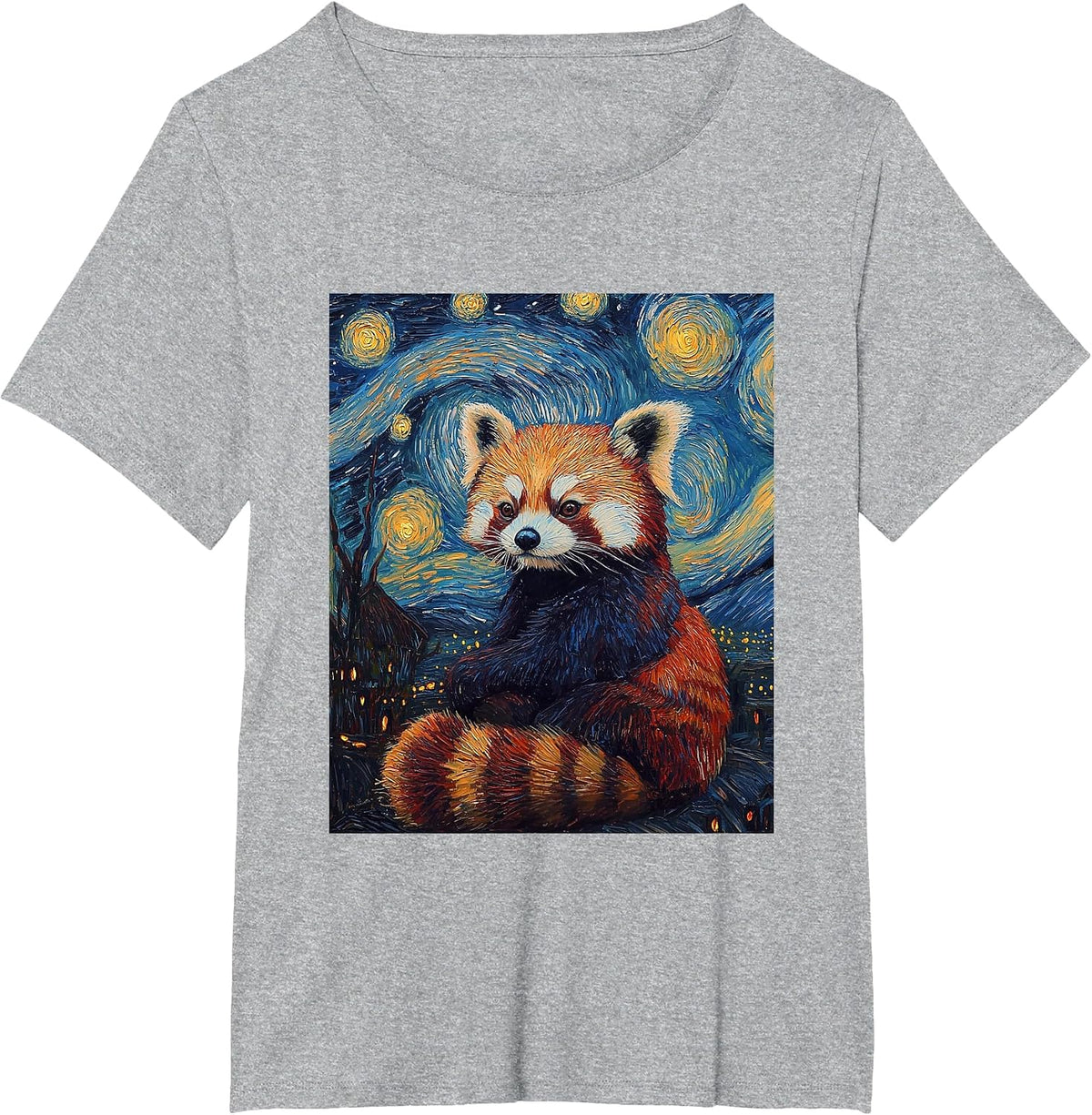 Cute Red Panda Bear Van Gogh Style Starry Night Graphic T-Shirt - Heather Grey