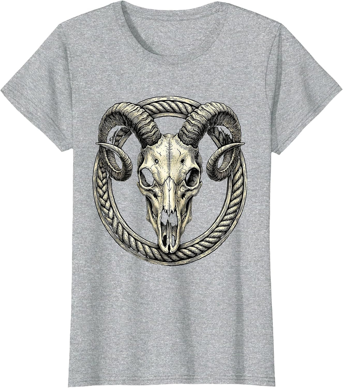 Demon Goat Skull Curved Horns Horror Graphic T-Shirt - Heather Grey