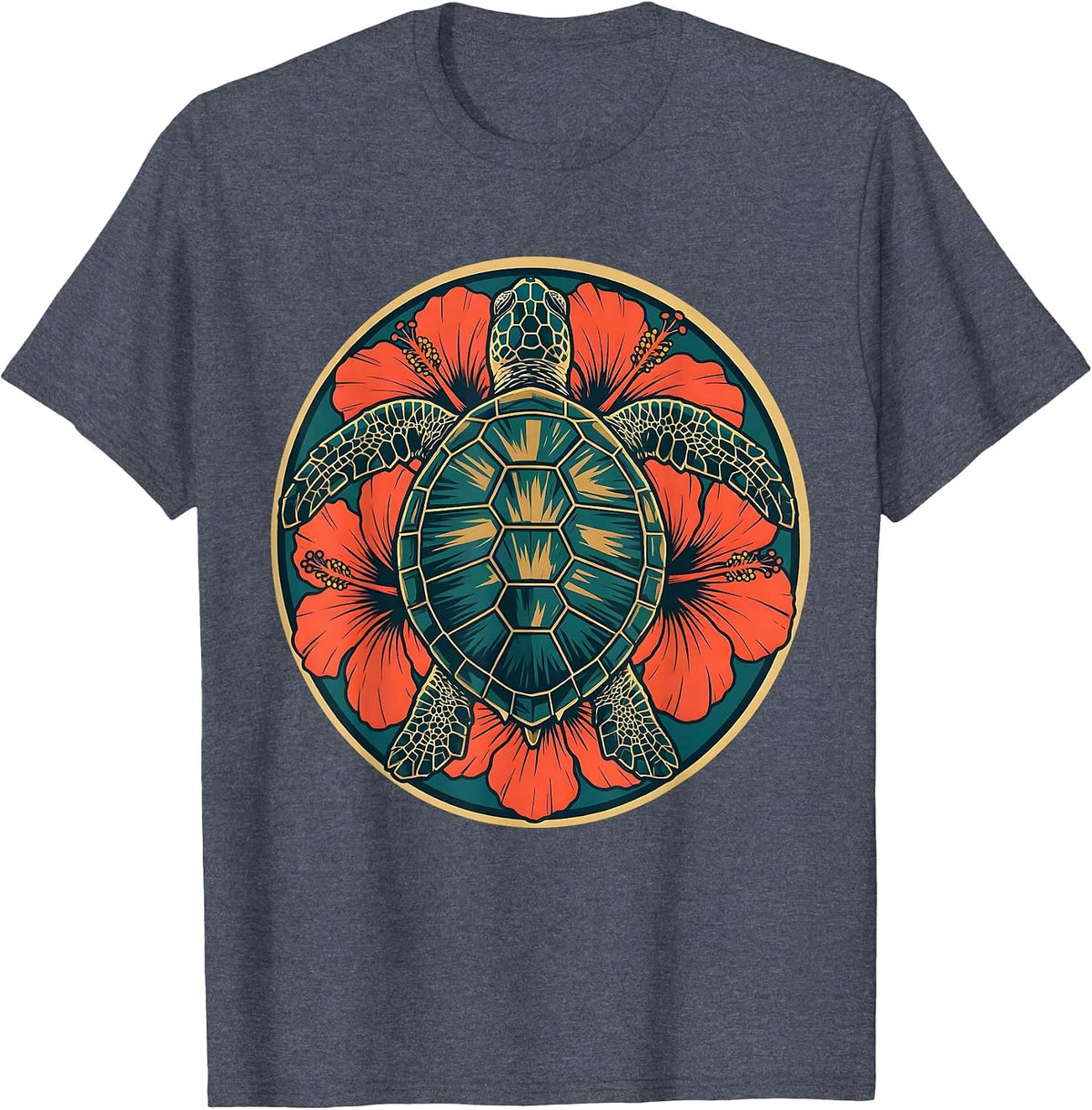 Sea Turtle Hibiscus Luau Tropical Graphic T-Shirt - Heather Blue